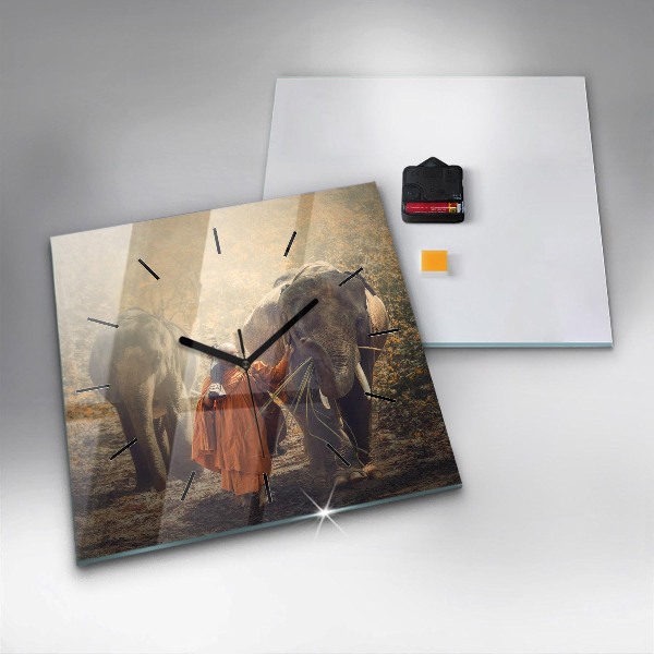 Zegar ścienny kwadratowy Mnich prowadzący słonie