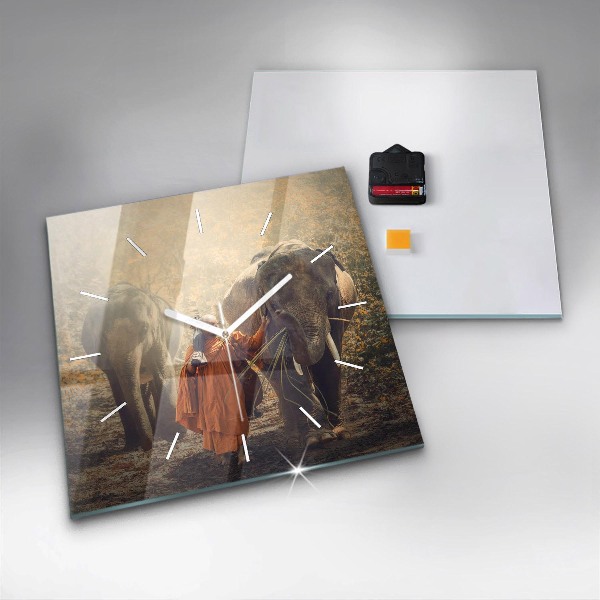 Zegar ścienny kwadratowy Mnich prowadzący słonie