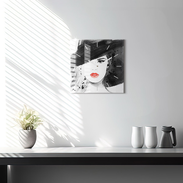 Zegar ścienny kwadratowy Kobieta w kapeluszu