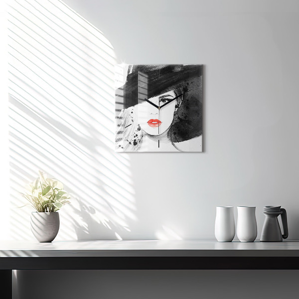 Zegar ścienny kwadratowy Kobieta w kapeluszu