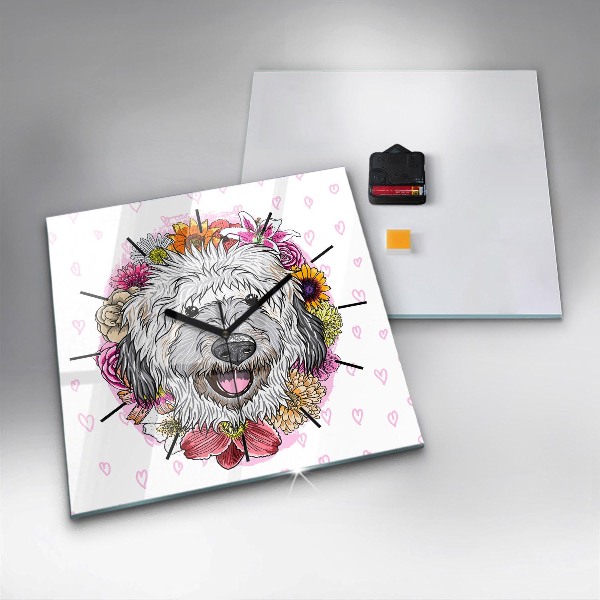 Zegar ścienny kwadratowy Szczęśliwy piesek w kwiatach