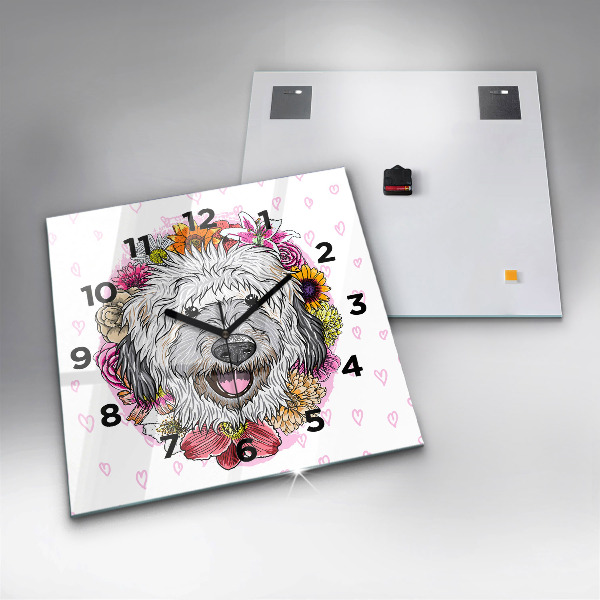 Zegar ścienny kwadratowy Szczęśliwy piesek w kwiatach