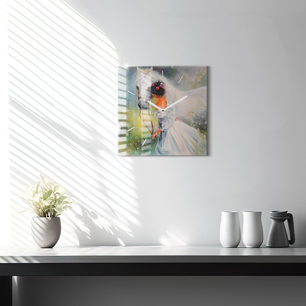 Zegar ścienny kwadratowy Piękna kobieta z koniem