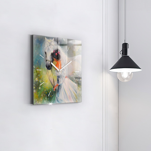 Zegar ścienny kwadratowy Piękna kobieta z koniem
