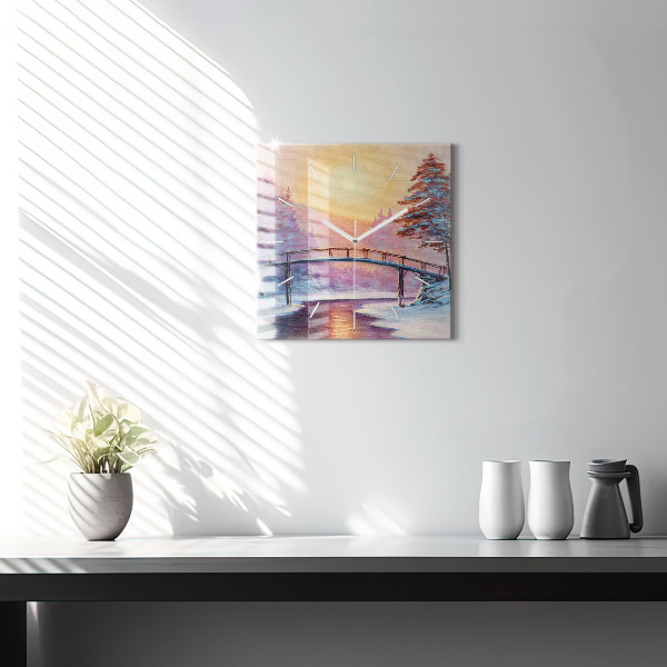 Zegar ścienny kwadratowy Choinka i most