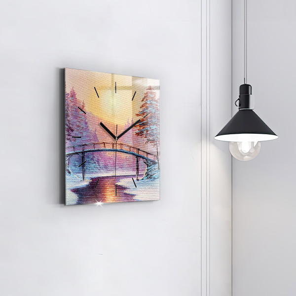 Zegar ścienny kwadratowy Choinka i most