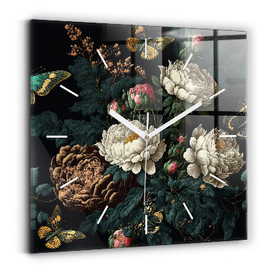Zegar ścienny kwadratowy Kwiat i złote motyle