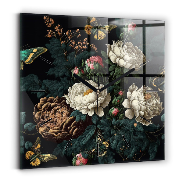 Zegar ścienny kwadratowy Kwiat i złote motyle