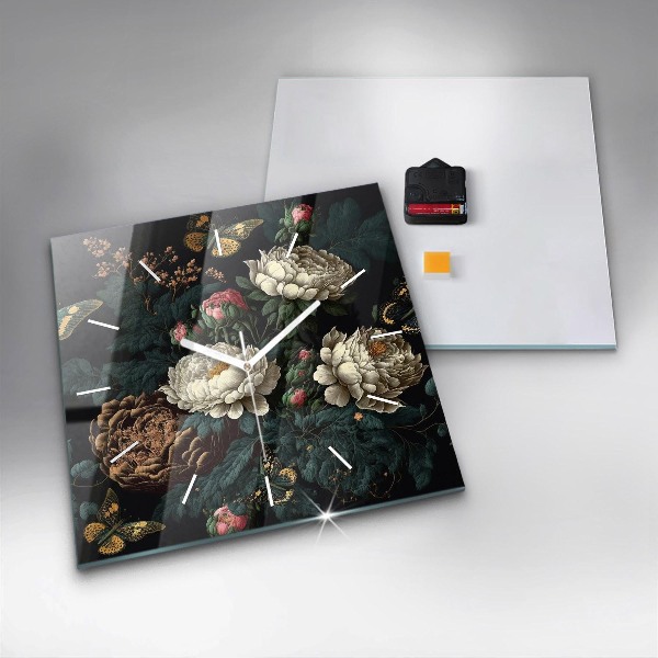 Zegar ścienny kwadratowy Kwiat i złote motyle