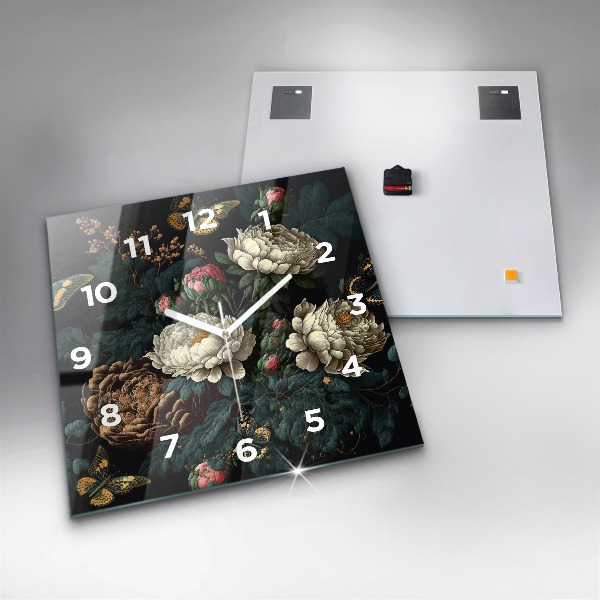 Zegar ścienny kwadratowy Kwiat i złote motyle