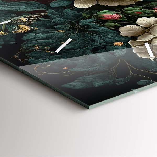 Zegar ścienny kwadratowy Kwiat i złote motyle