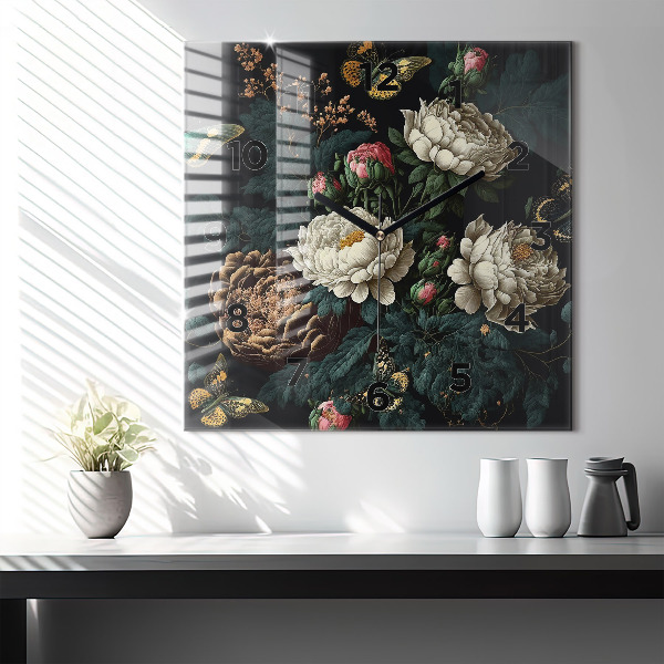 Zegar ścienny kwadratowy Kwiat i złote motyle