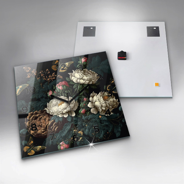 Zegar ścienny kwadratowy Kwiat i złote motyle