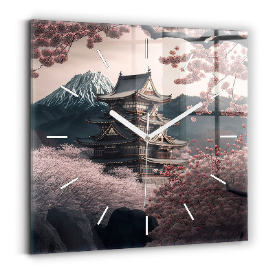 Zegar ścienny kwadratowy Wieża i kwiaty w Azji