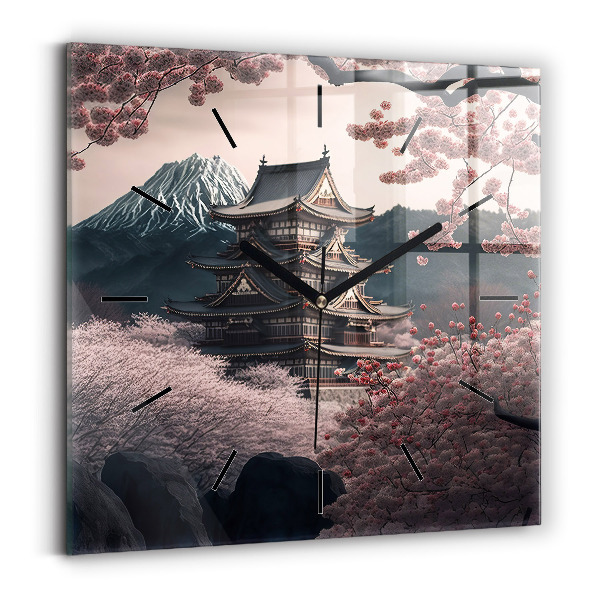 Zegar ścienny kwadratowy Wieża i kwiaty w Azji