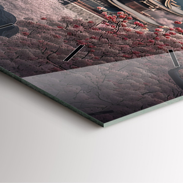 Zegar ścienny kwadratowy Wieża i kwiaty w Azji