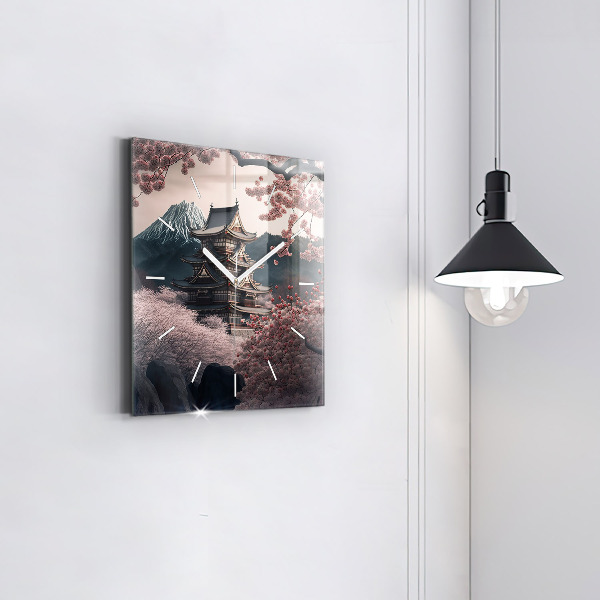 Zegar ścienny kwadratowy Wieża i kwiaty w Azji