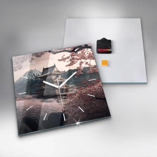 Zegar ścienny kwadratowy Wieża i kwiaty w Azji