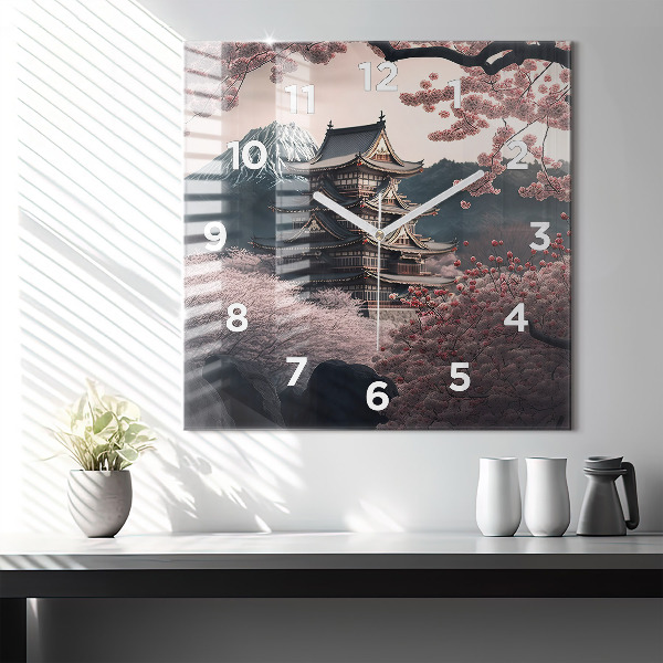 Zegar ścienny kwadratowy Wieża i kwiaty w Azji