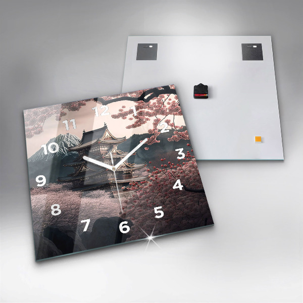 Zegar ścienny kwadratowy Wieża i kwiaty w Azji