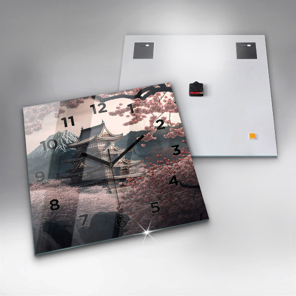 Zegar ścienny kwadratowy Wieża i kwiaty w Azji