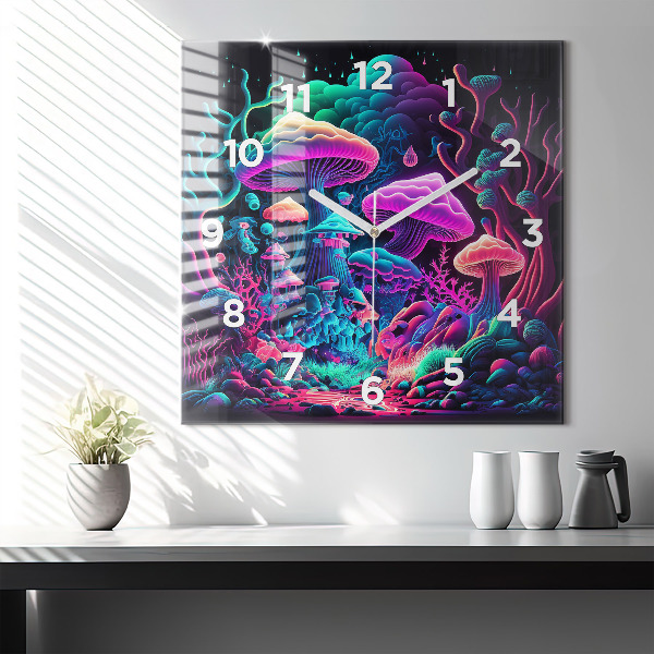 Zegar ścienny kwadratowy Neonowe grzyby