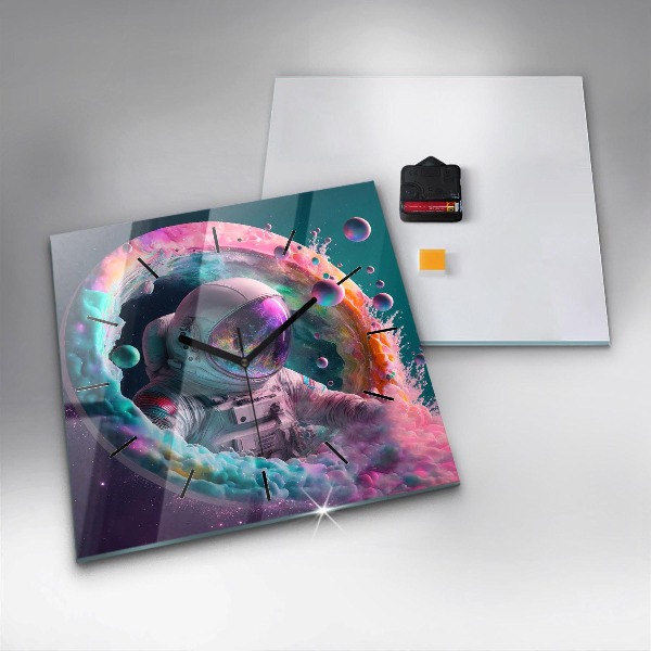 Zegar na ścianę kwadratowy Kosmonauta i barwne obłoki