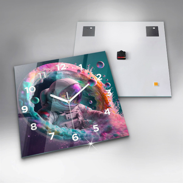 Zegar na ścianę kwadratowy Kosmonauta i barwne obłoki