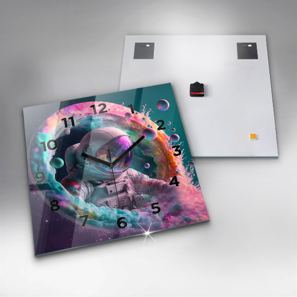 Zegar na ścianę kwadratowy Kosmonauta i barwne obłoki