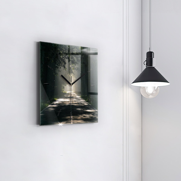 Zegar ścienny kwadratowy Leśna droga i smugi słońca
