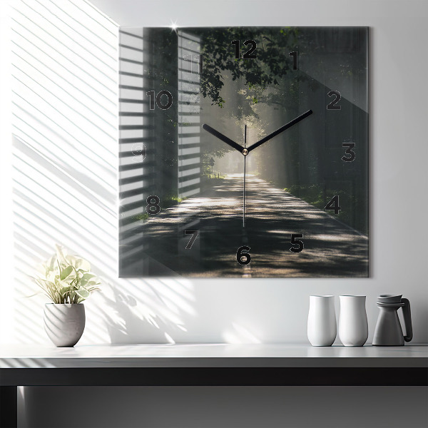 Zegar ścienny kwadratowy Leśna droga i smugi słońca
