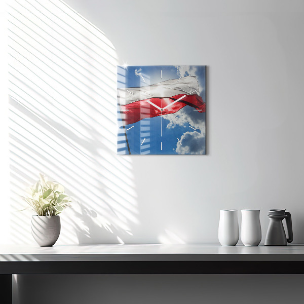 Zegar ścienny kwadratowy Flaga Polski na tle nieba