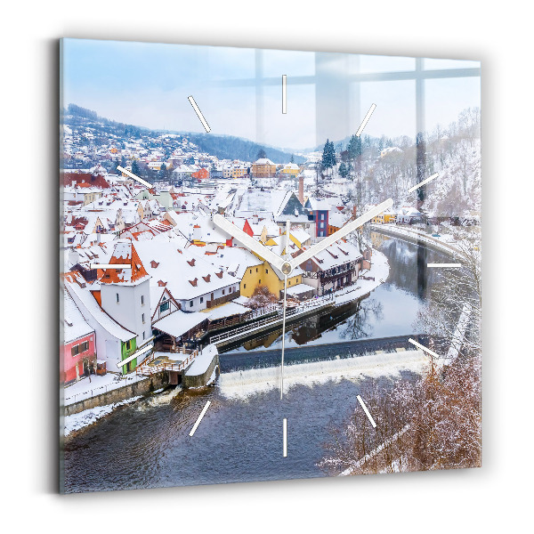 Kwadratowy zegar Panorama miasta w zimie