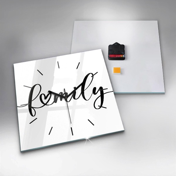 Zegar na ścianę kwadratowy Napis Family i serce