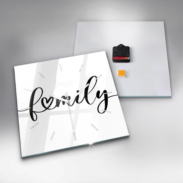 Zegar na ścianę kwadratowy Napis Family i serce
