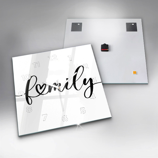 Zegar na ścianę kwadratowy Napis Family i serce