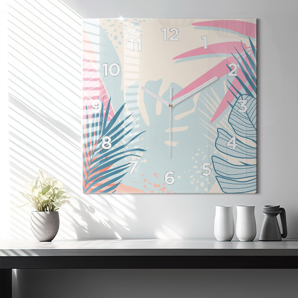 Zegar na ścianę kwadratowy Pastelowe liście – tropiki