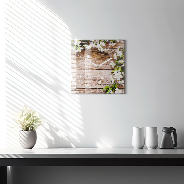 Kwadratowy zegar Kwiaty na drewnie