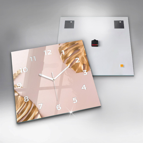 Zegar na ścianę kwadratowy Złote liście tropikalne