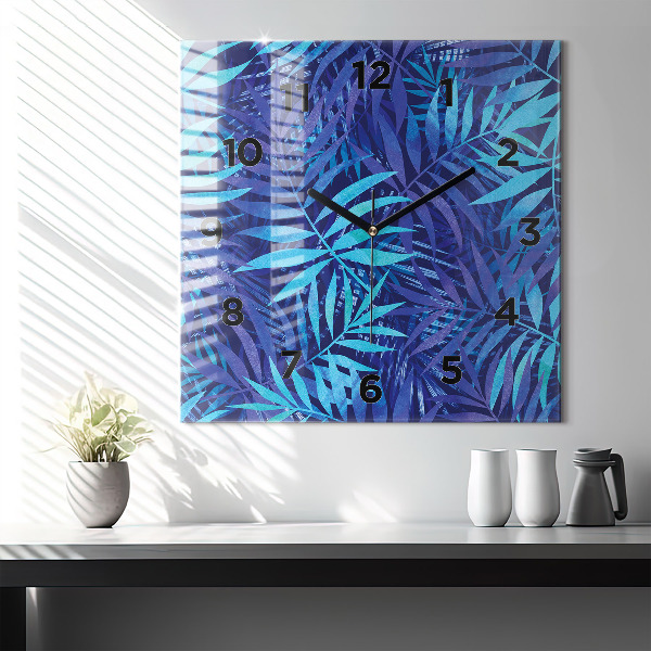 Zegar na ścianę kwadratowy Niebieski liście