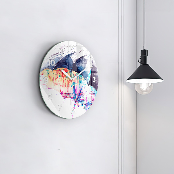 Zegar ścienny okrągły Deszcz parasol i miasto