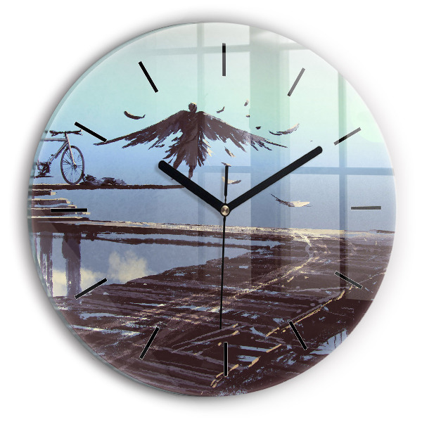 Zegar okrągły Anioł, most i rower
