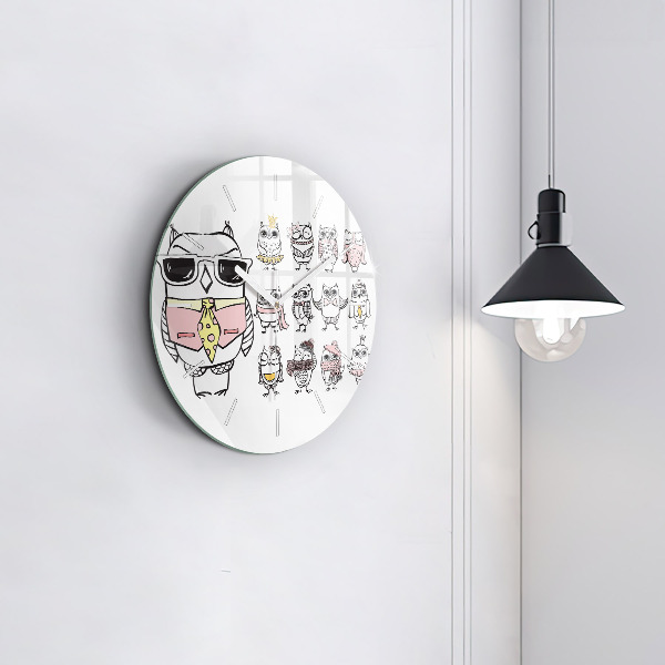 Zegar szklany okrągły Plakat vintage z sowami