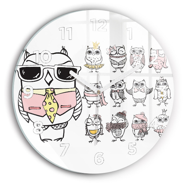 Zegar szklany okrągły Plakat vintage z sowami