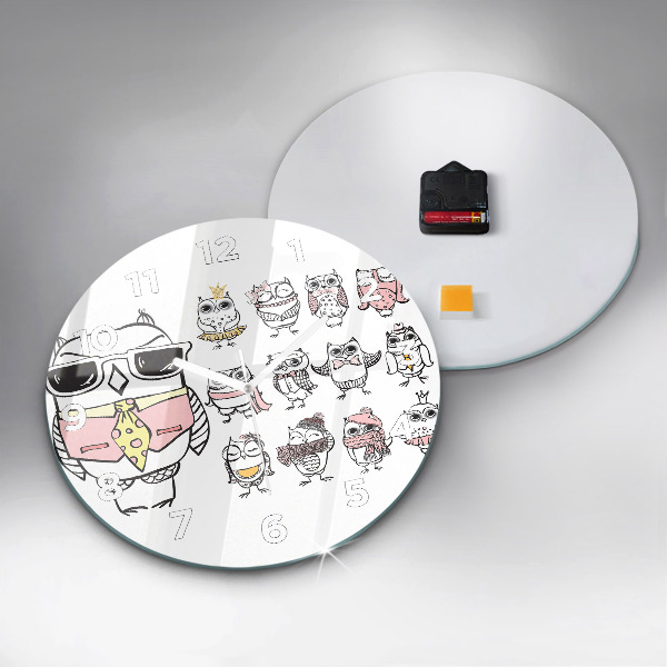 Zegar szklany okrągły Plakat vintage z sowami