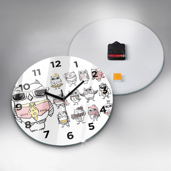 Zegar szklany okrągły Plakat vintage z sowami