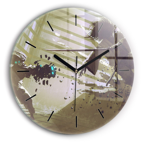 Zegar szklany okrągły Walka robota i samuraja