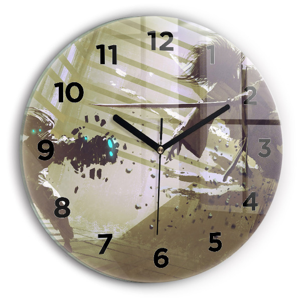 Zegar szklany okrągły Walka robota i samuraja