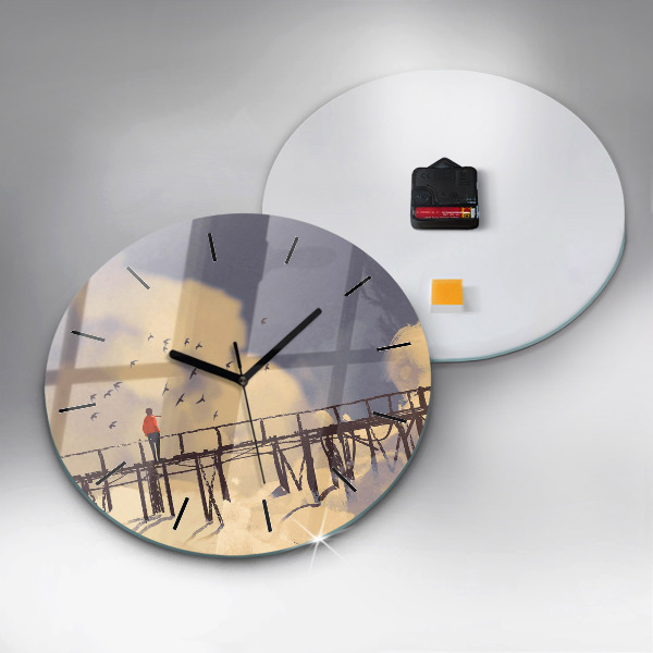 Zegar szklany okrągły Człowiek na starym moście