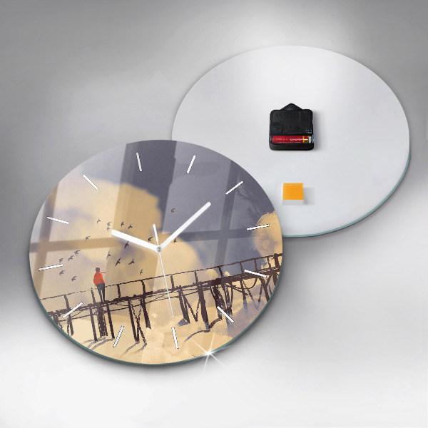 Zegar szklany okrągły Człowiek na starym moście